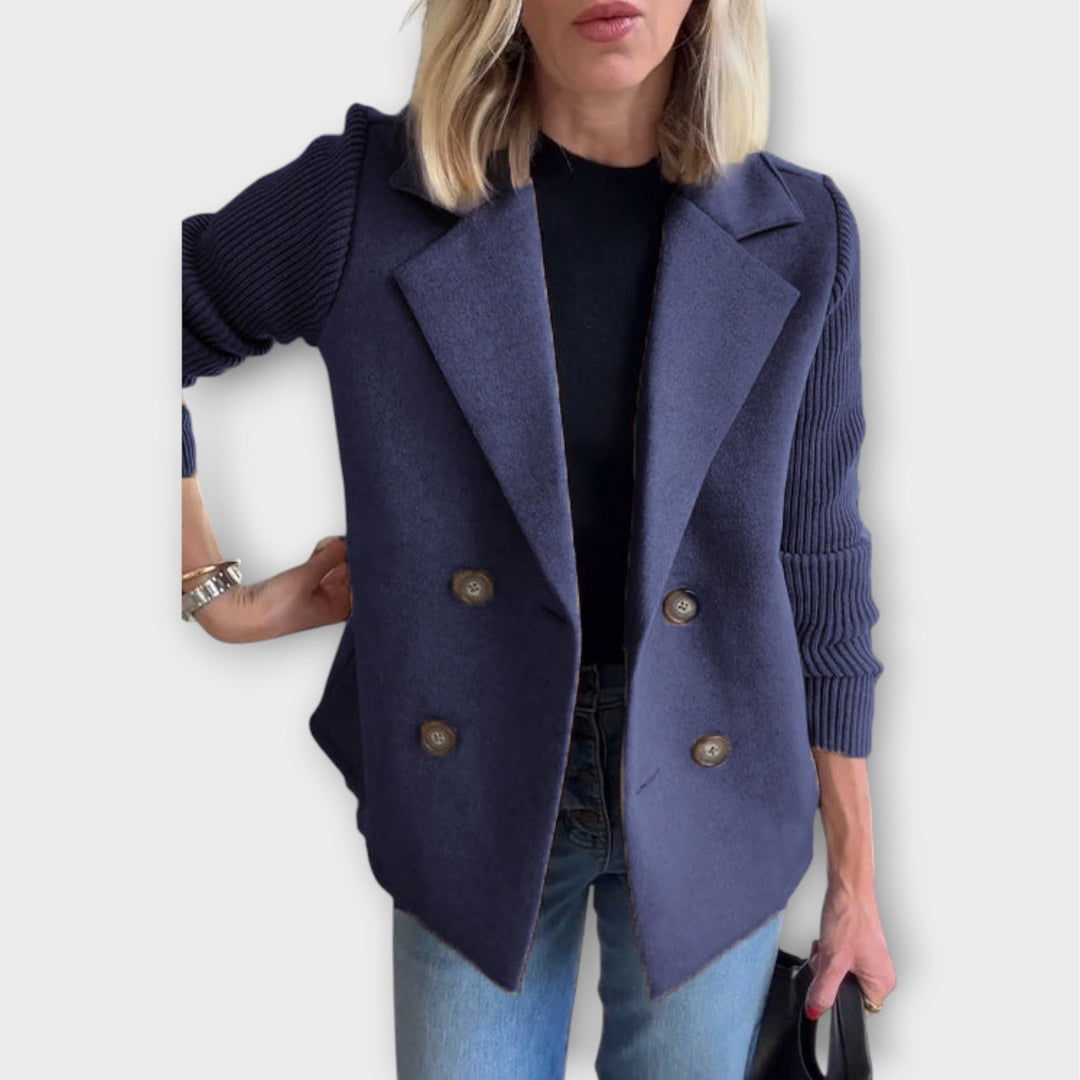 Double-Breasted Blazer with Knit Sleeves