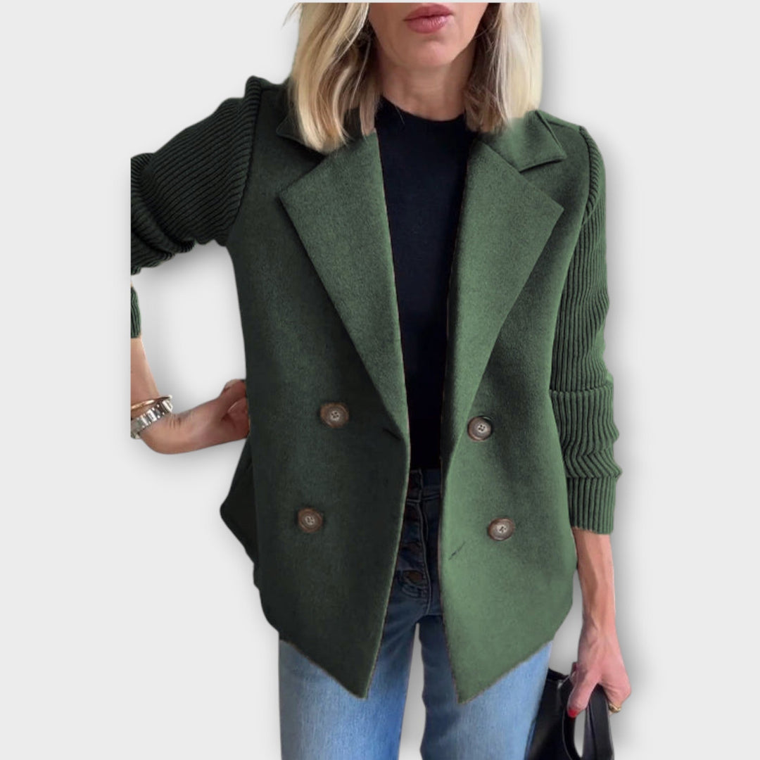 Double-Breasted Blazer with Knit Sleeves