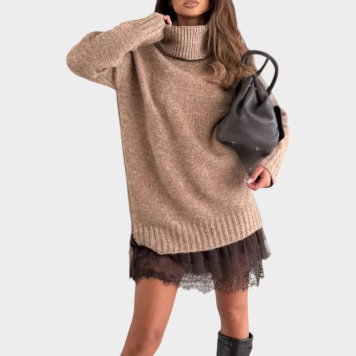 Chunky Knit Sweater Dress Featuring a Lace Hem