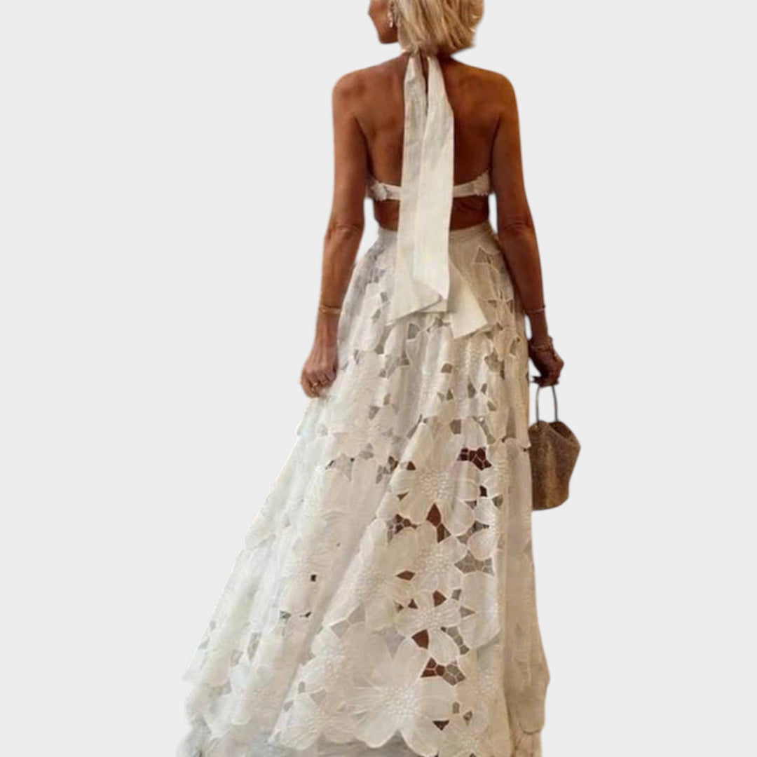 Halter Neck Floral Lace Maxi Dress
