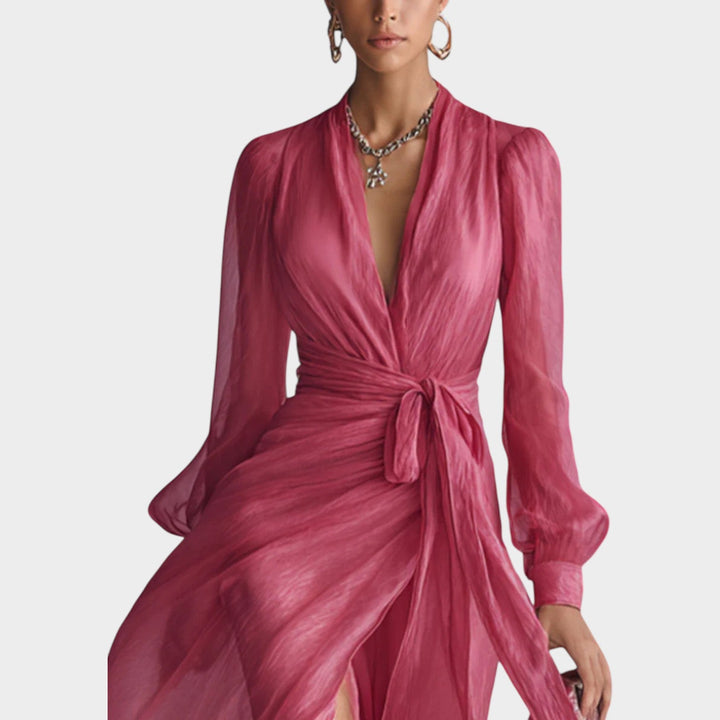 Flowy Wrap Long‑Sleeve Maxi Dress