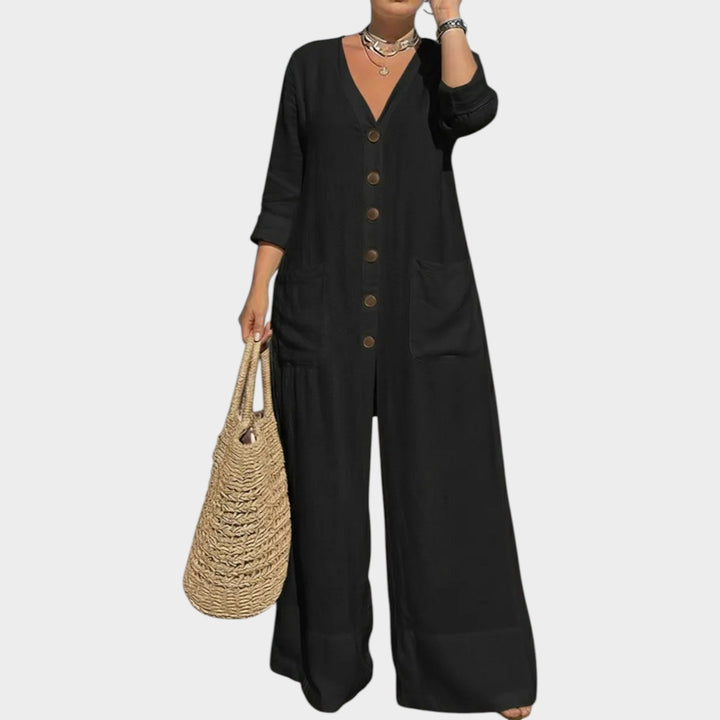 Relaxed Button-Front Wide-Leg Jumpsuit