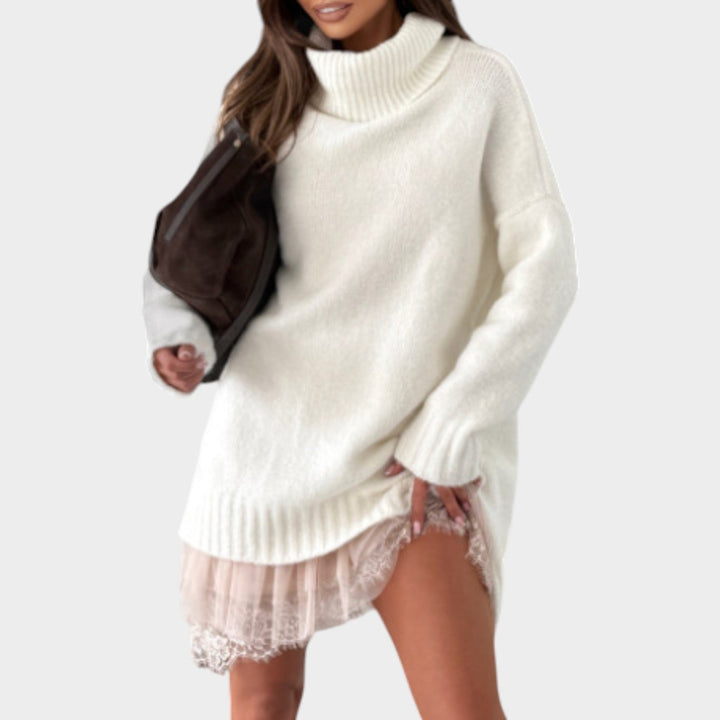 Chunky Knit Sweater Dress Featuring a Lace Hem