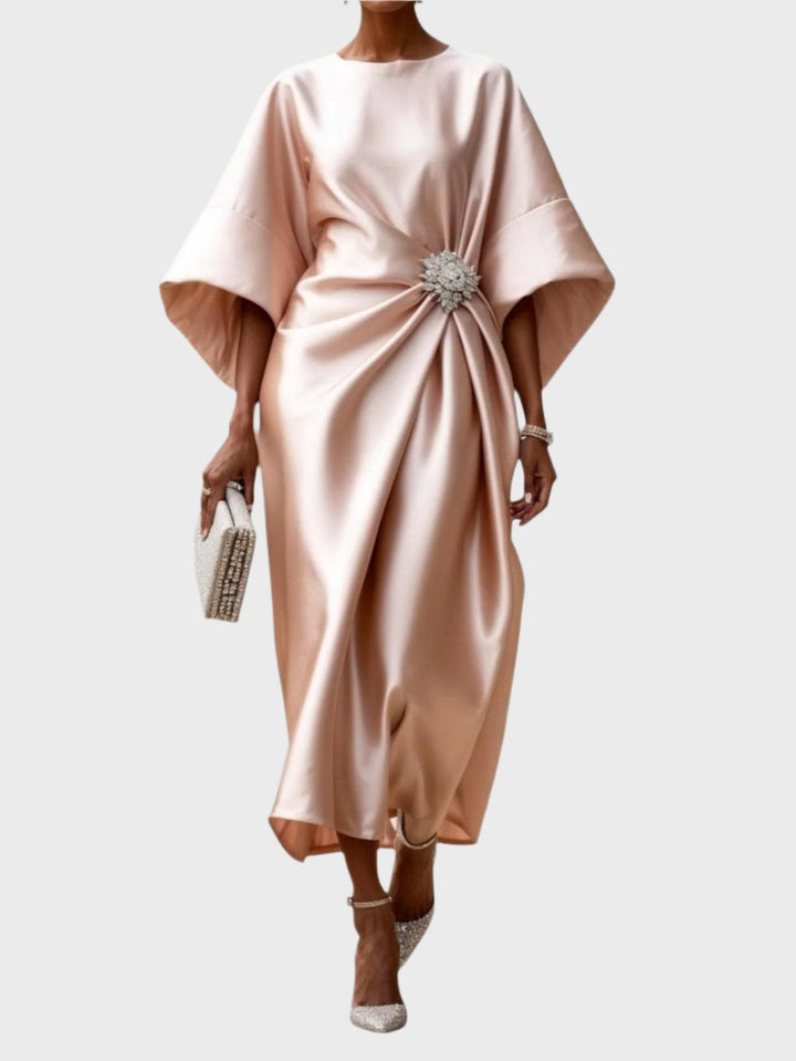 Satin Dress with Side Pleat and Decorative Buckle