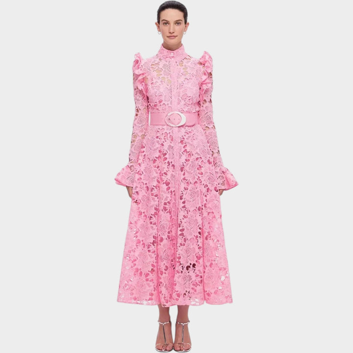 High Neck Belted Lace Midi Dress