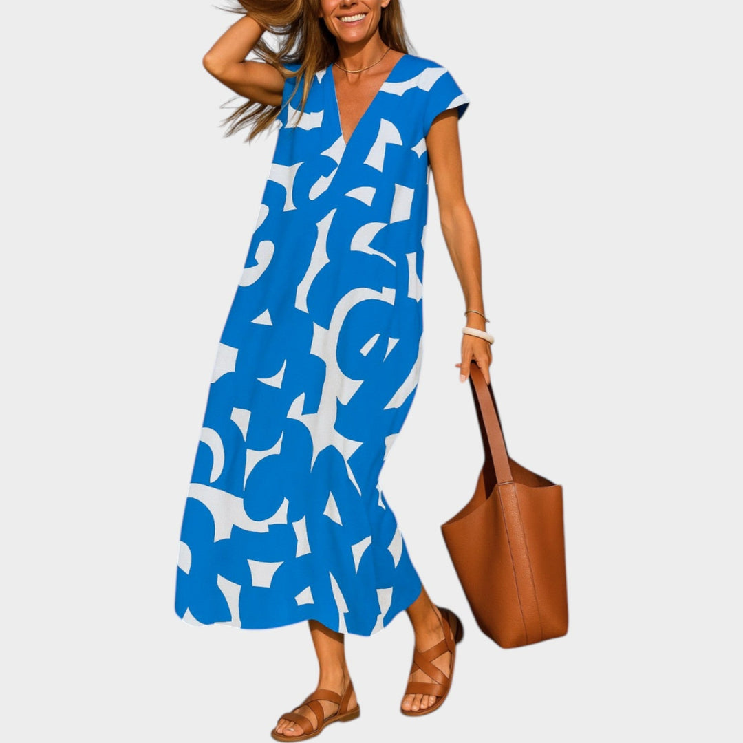 Abstract Print V-Neck Midi Dress