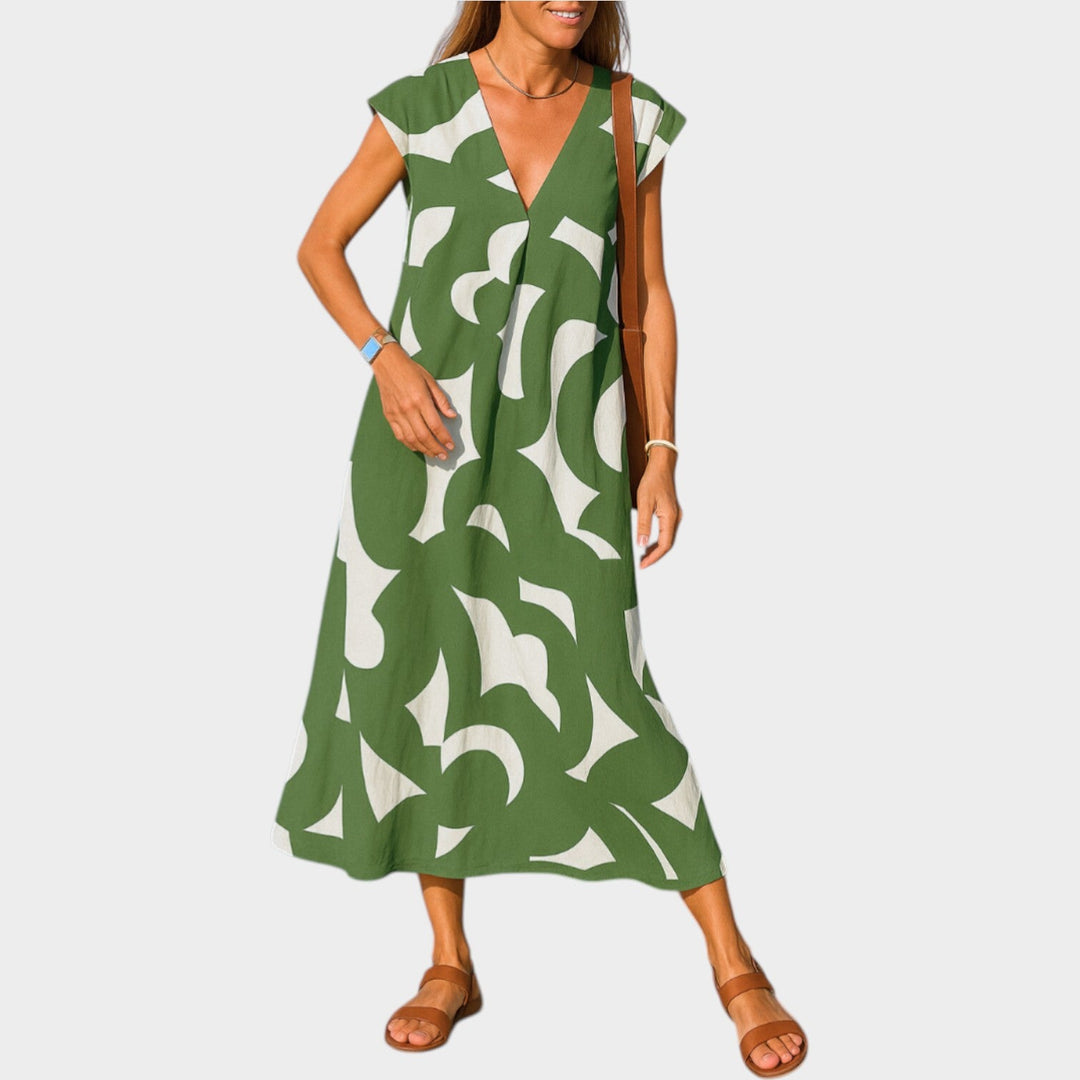 Abstract Print V-Neck Midi Dress