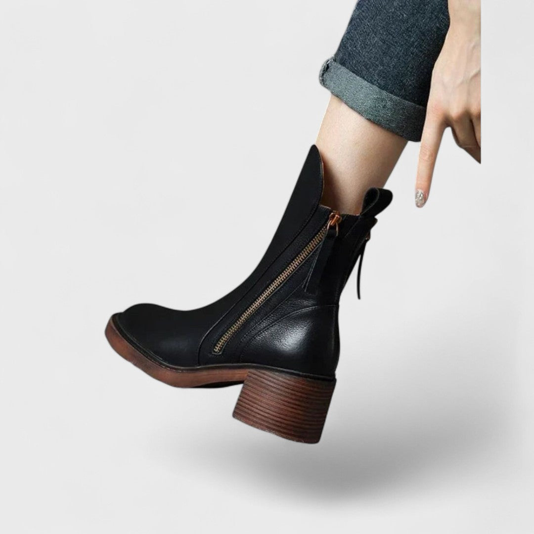 Timeless Leather Ankle Boots Featuring Side Zipper and Block Heel
