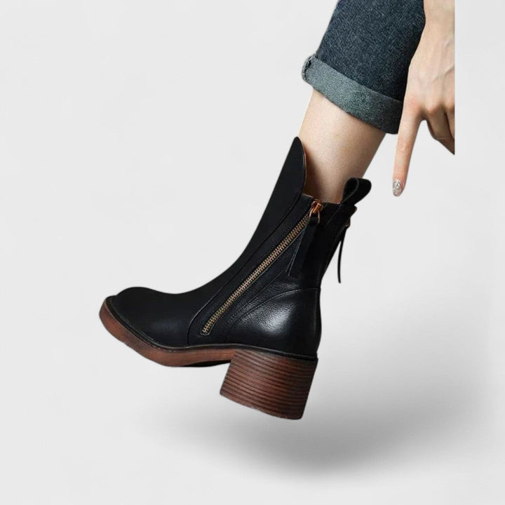 Timeless Leather Ankle Boots Featuring Side Zipper and Block Heel