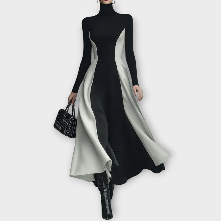 Elegant Two-Tone Turtleneck Maxi Dress