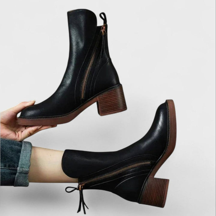 Timeless Leather Ankle Boots Featuring Side Zipper and Block Heel