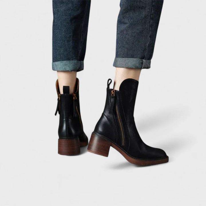 Timeless Leather Ankle Boots Featuring Side Zipper and Block Heel