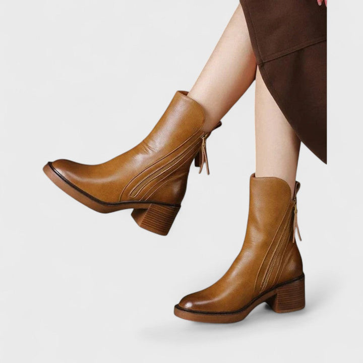 Timeless Leather Ankle Boots Featuring Side Zipper and Block Heel
