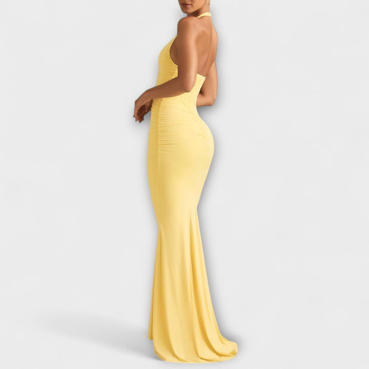 Elegant gala dress with an open back and stunning neckline