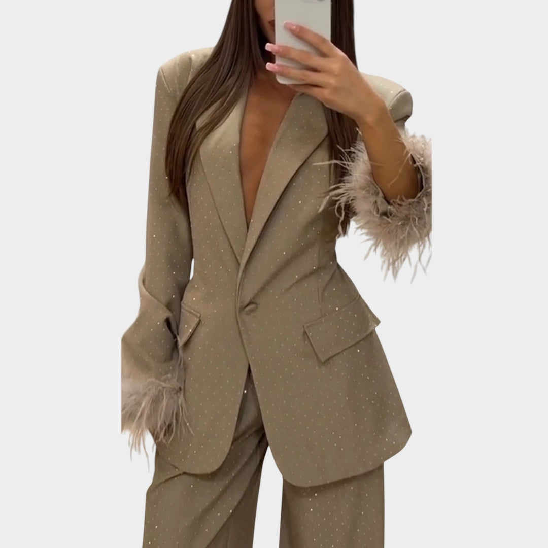 Glam Feather-Trim Suit Set