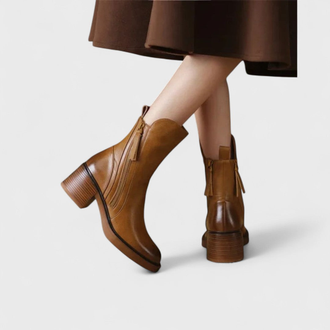 Timeless Leather Ankle Boots Featuring Side Zipper and Block Heel