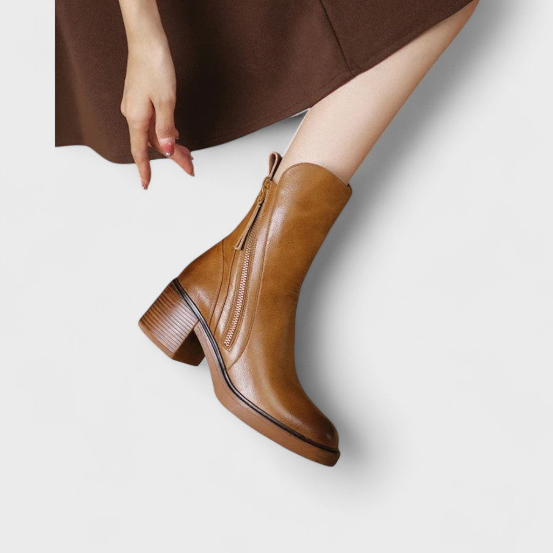 Timeless Leather Ankle Boots Featuring Side Zipper and Block Heel