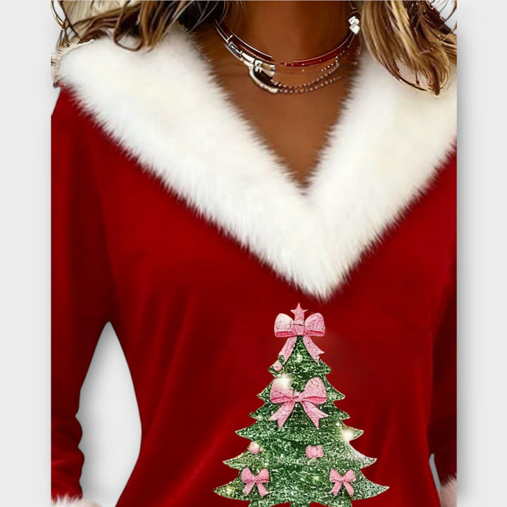 Festive Fur-Trim V-Neck Top for Christmas
