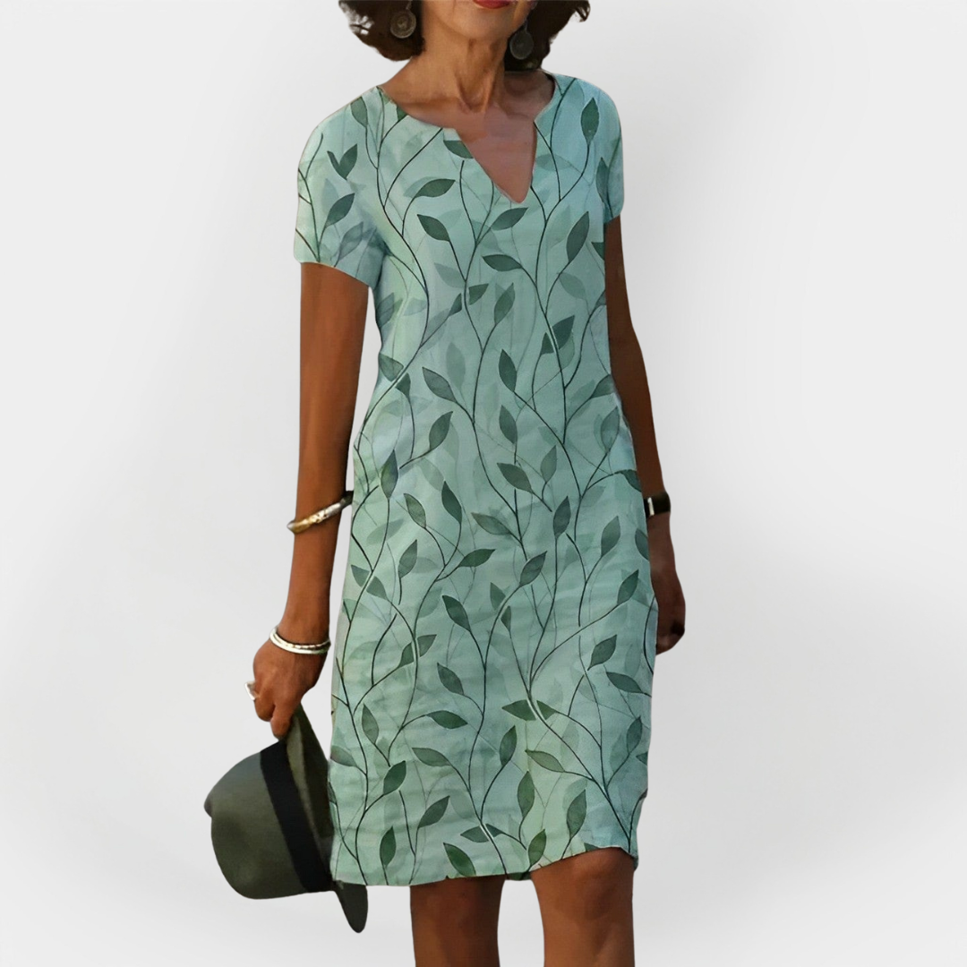 Elegant Leaf Print V-Neck Dress