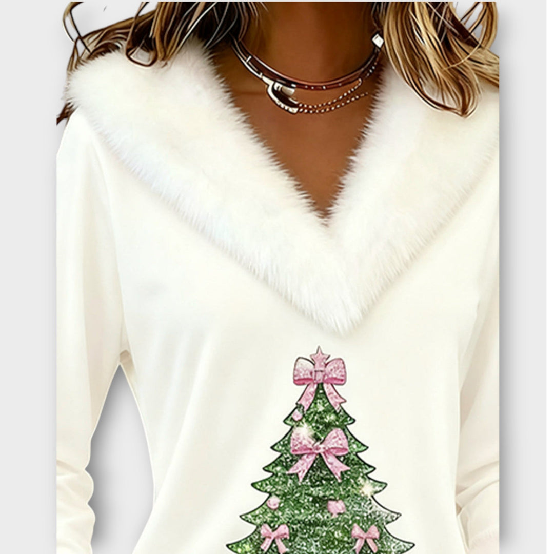 Festive Fur-Trim V-Neck Top for Christmas