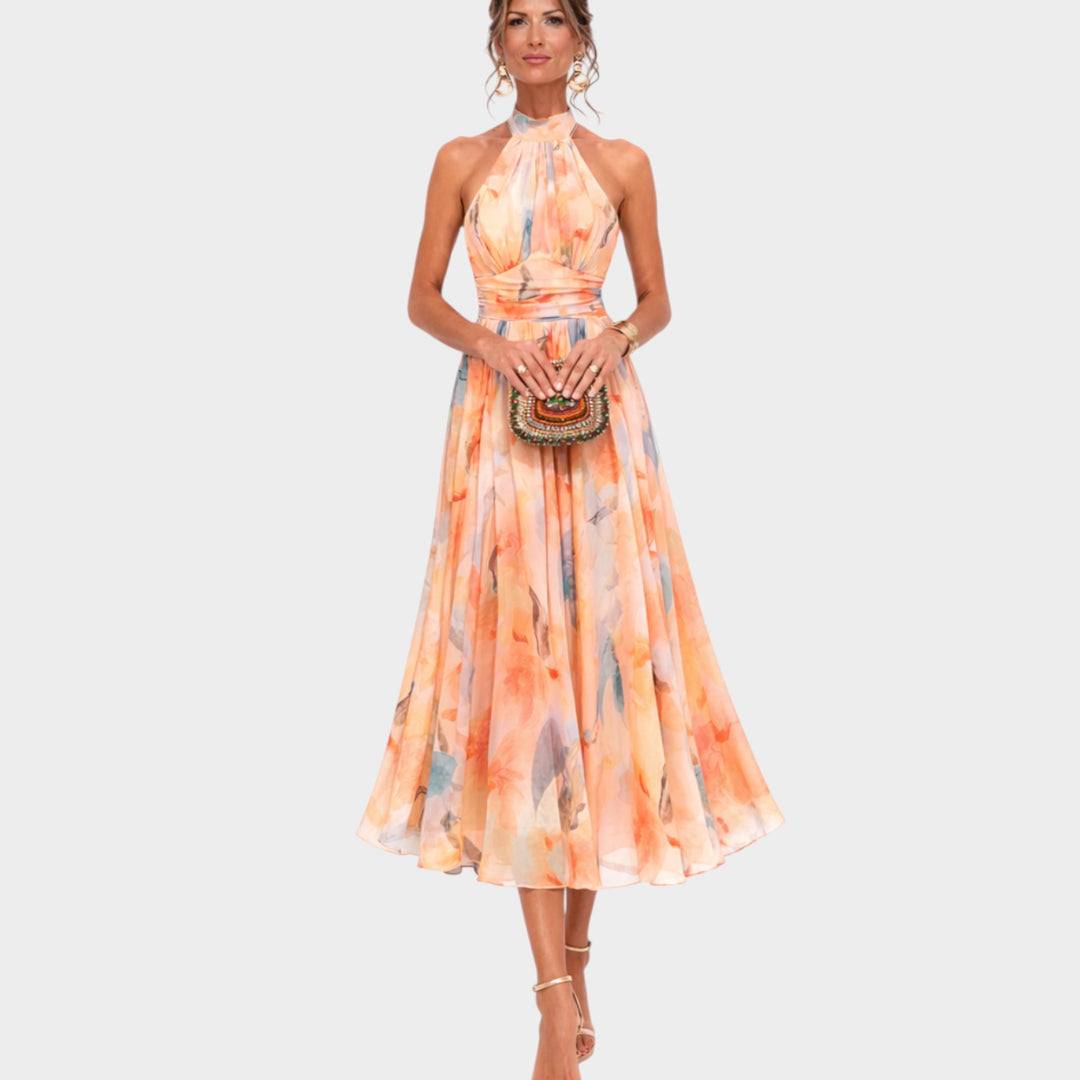 Elegant Watercolor Halter Maxi Dress