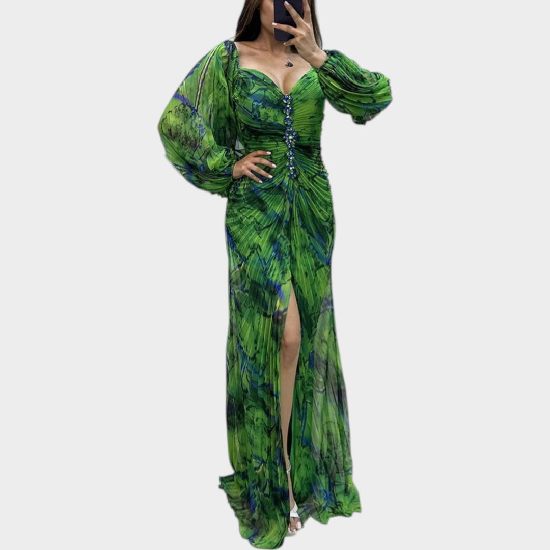 Ruched Long-Sleeve Split Maxi Dress