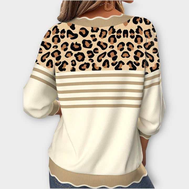 V-Neck Sweater with Leopard Knit Design