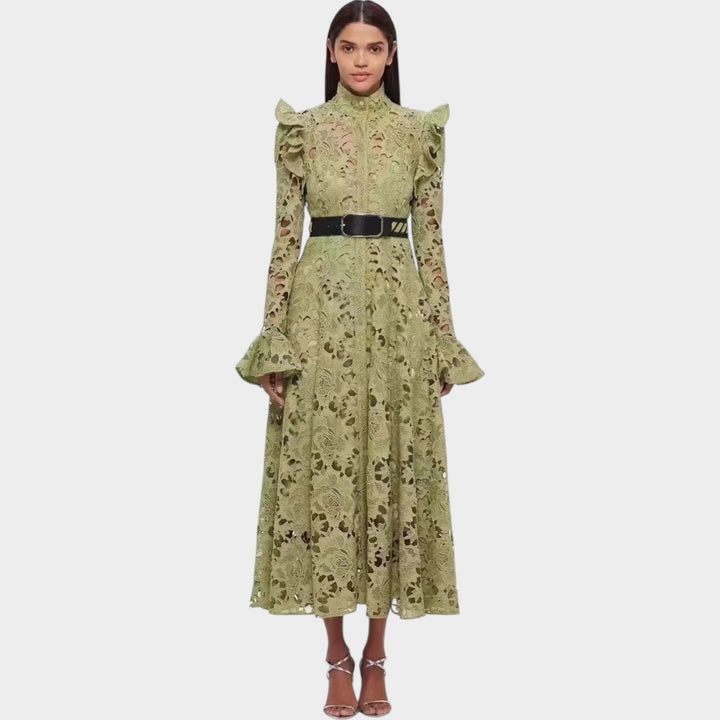 High Neck Belted Lace Midi Dress