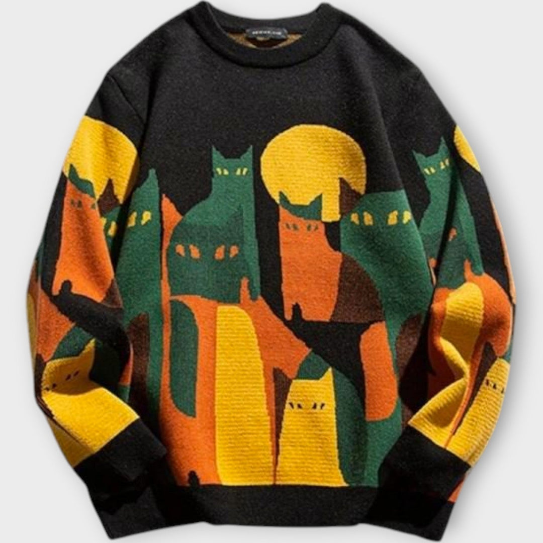Whimsical Abstract Cat Knit Pullover
