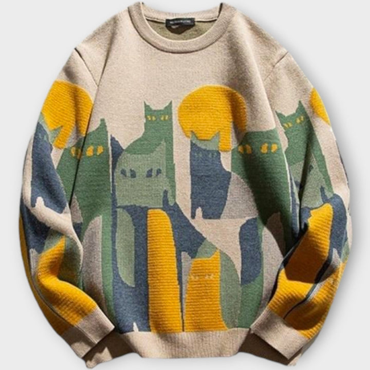 Whimsical Abstract Cat Knit Pullover