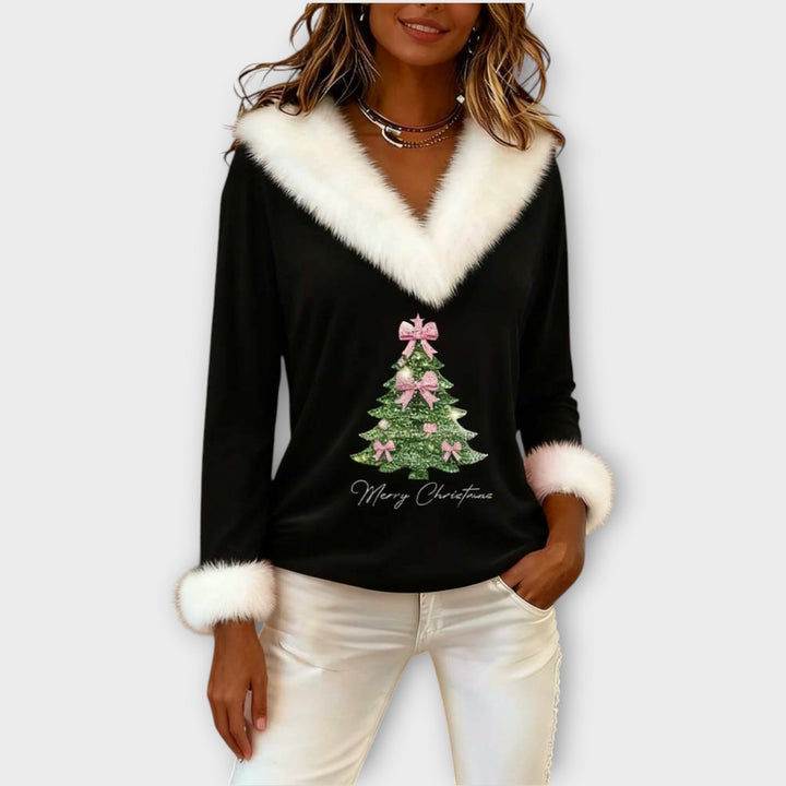 Festive Fur-Trim V-Neck Top for Christmas