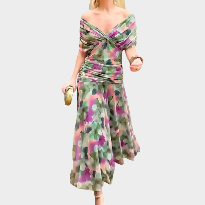 Off-Shoulder Ruched Midi Dress