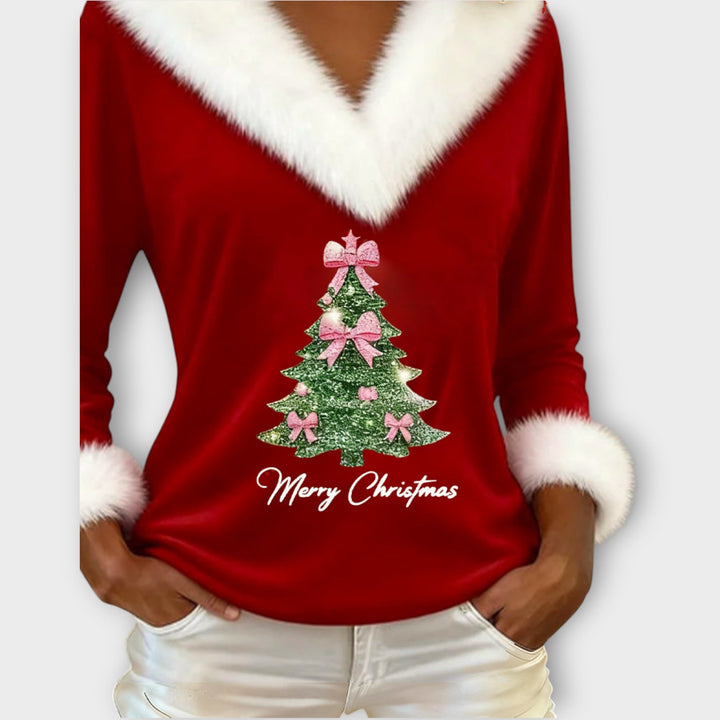 Festive Fur-Trim V-Neck Top for Christmas