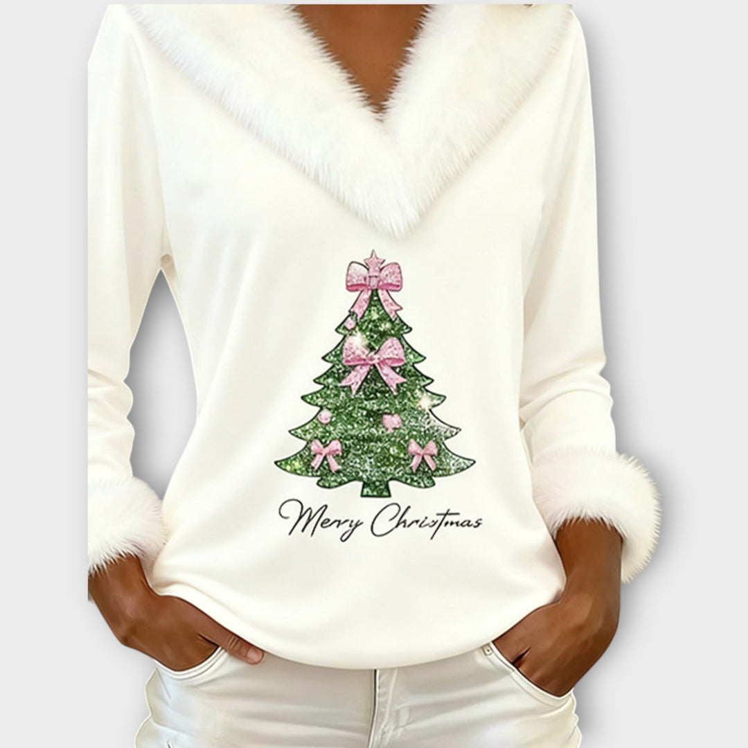 Festive Fur-Trim V-Neck Top for Christmas