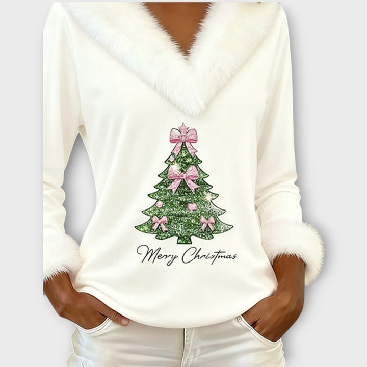 Festive Fur-Trim V-Neck Top for Christmas