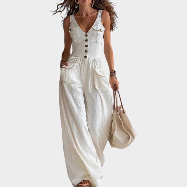 Button-Front Wide-Leg Jumpsuit