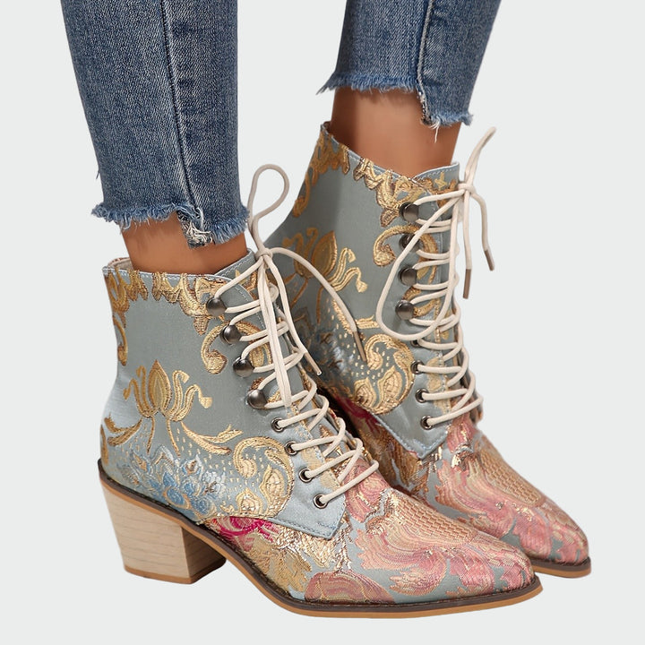 Floral Embellished Leather Ankle Boots