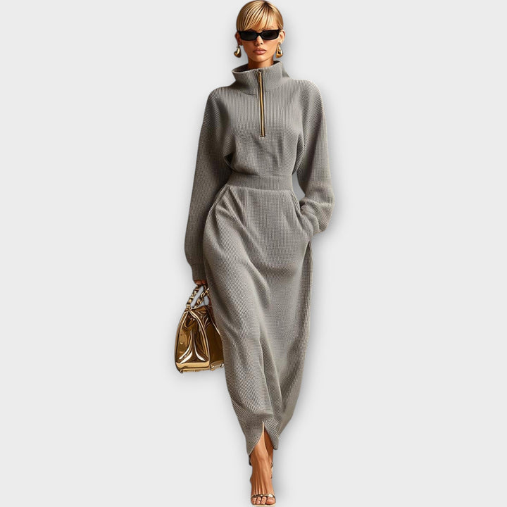 Zip-Neck Ribbed Maxi Dress