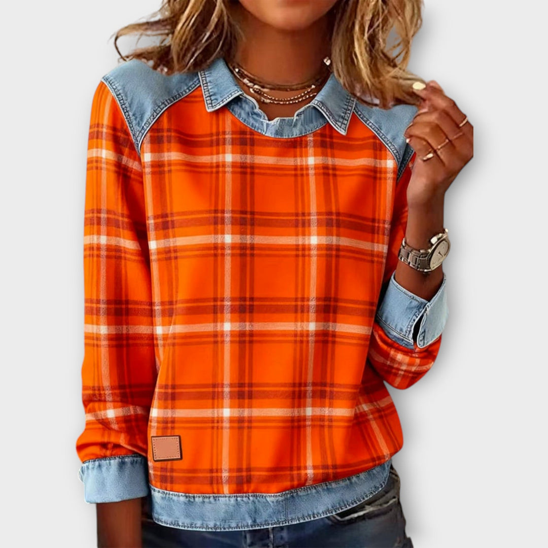 Plaid Denim-Trim Casual Top
