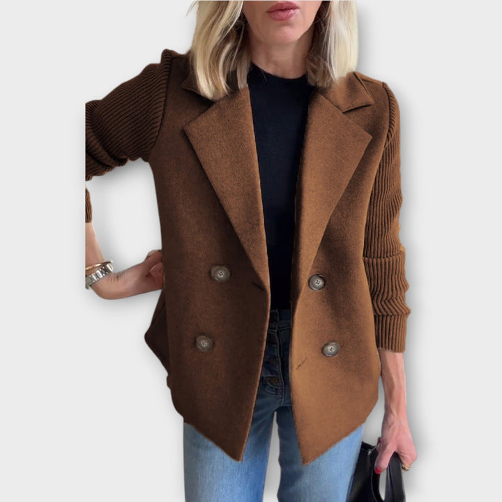 Double-Breasted Blazer with Knit Sleeves
