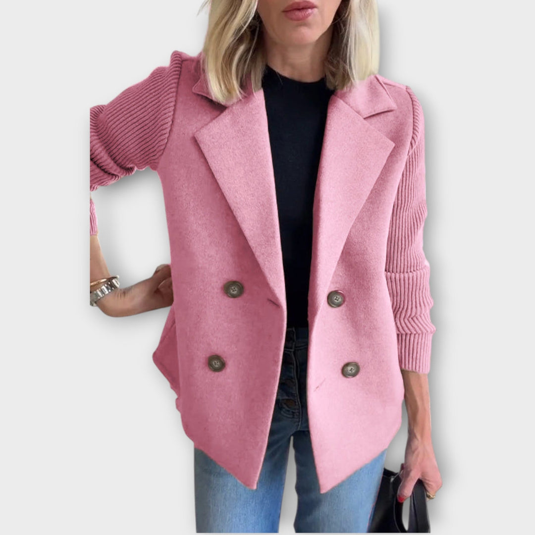 Double-Breasted Blazer with Knit Sleeves