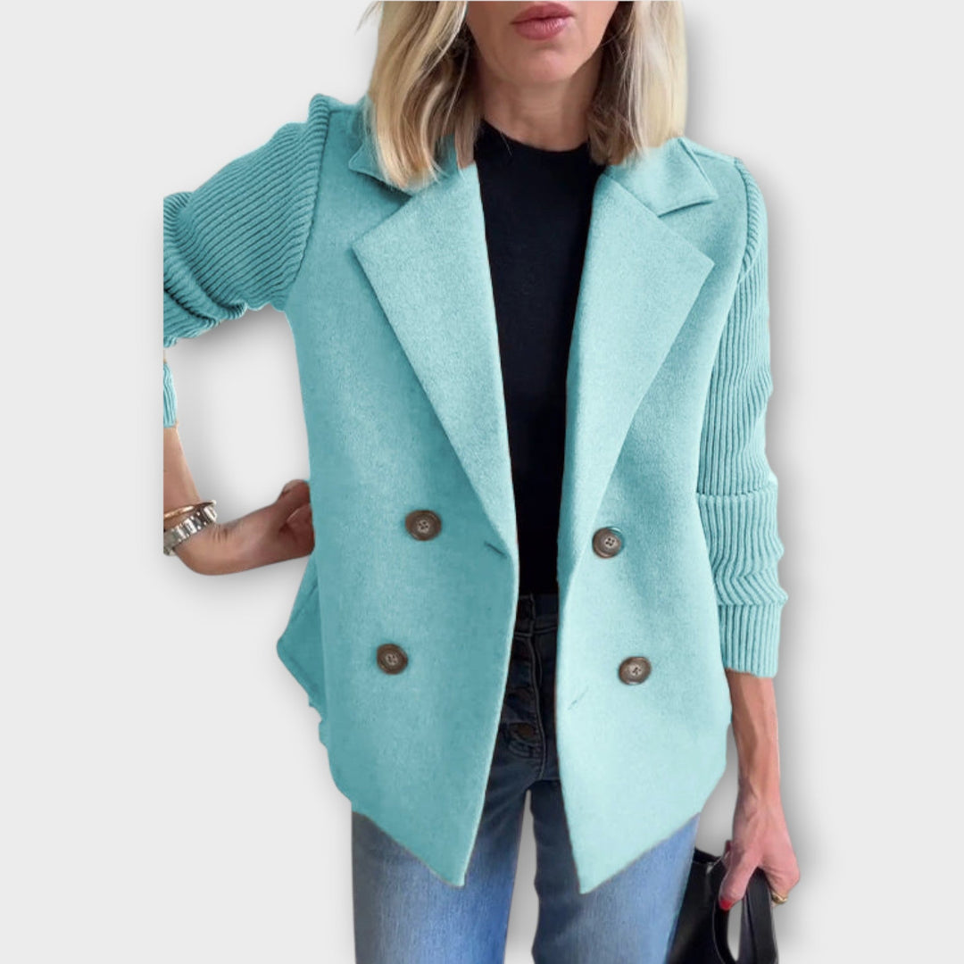 Double-Breasted Blazer with Knit Sleeves