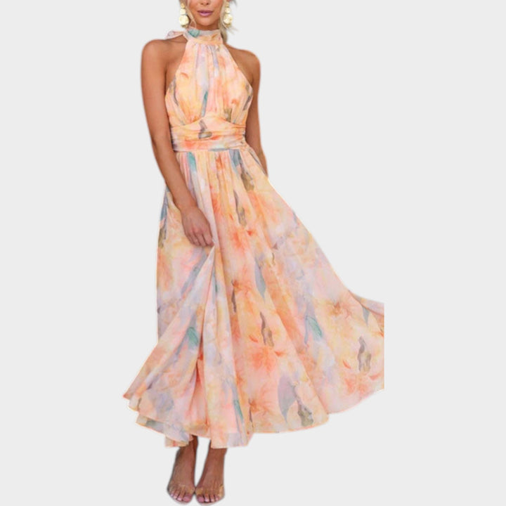 Halter Wrap Pleated Maxi Dress