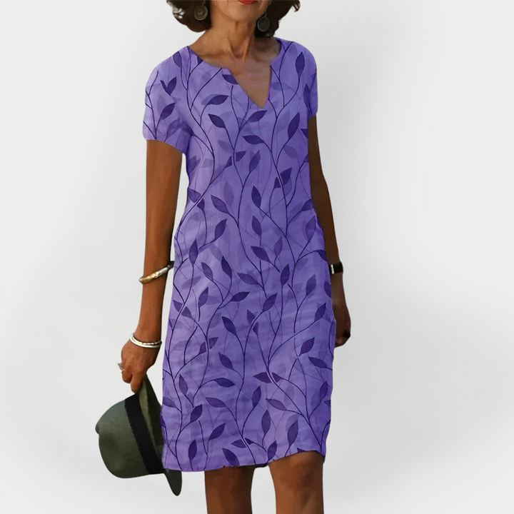 Elegant Leaf Print V-Neck Dress