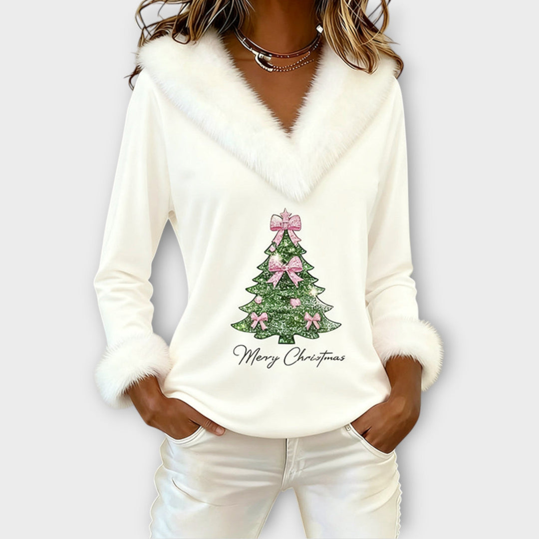 Festive Fur-Trim V-Neck Top for Christmas