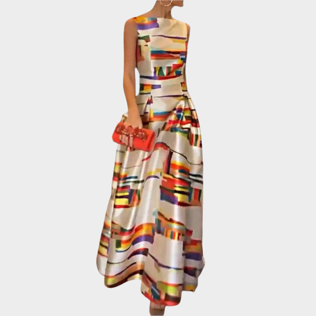 Maxi Dress with Linear Feel and Shiny Texture