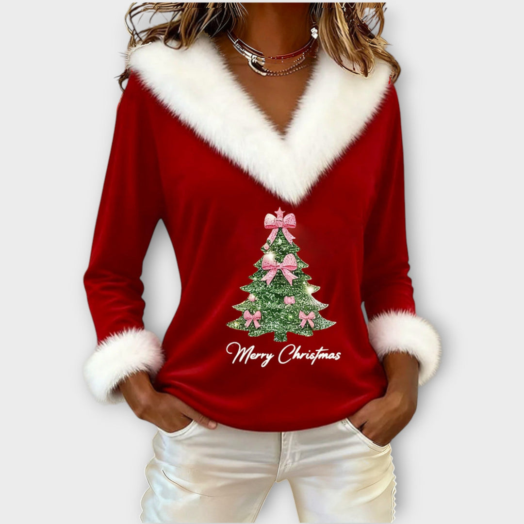 Festive Fur-Trim V-Neck Top for Christmas