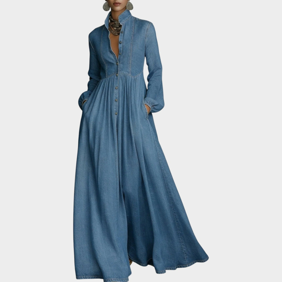denim long sleeve maxi dress Structured Denim Maxi Dress – Victoria Parker Boutique