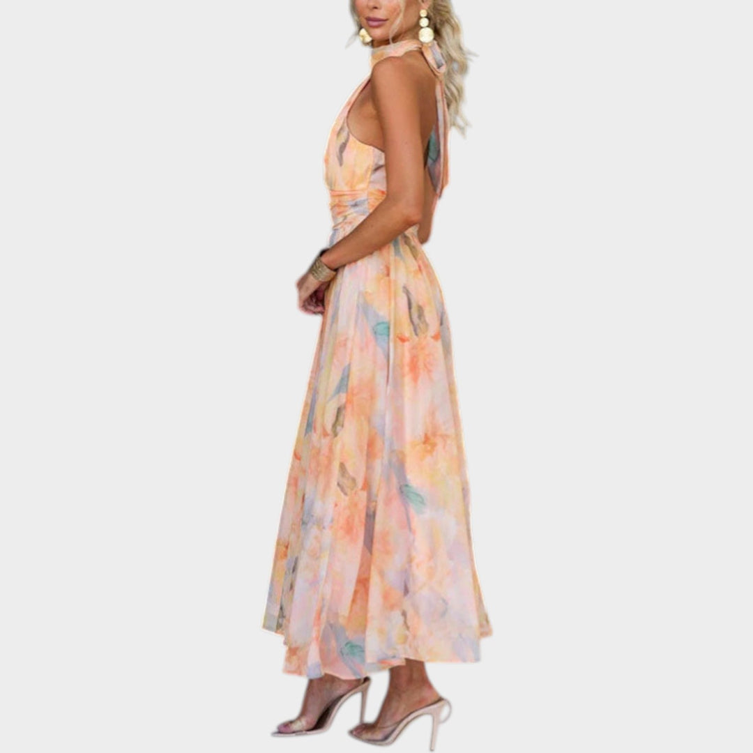 Halter Wrap Pleated Maxi Dress