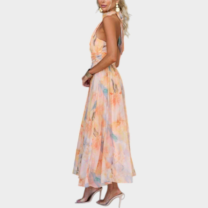 Halter Wrap Pleated Maxi Dress